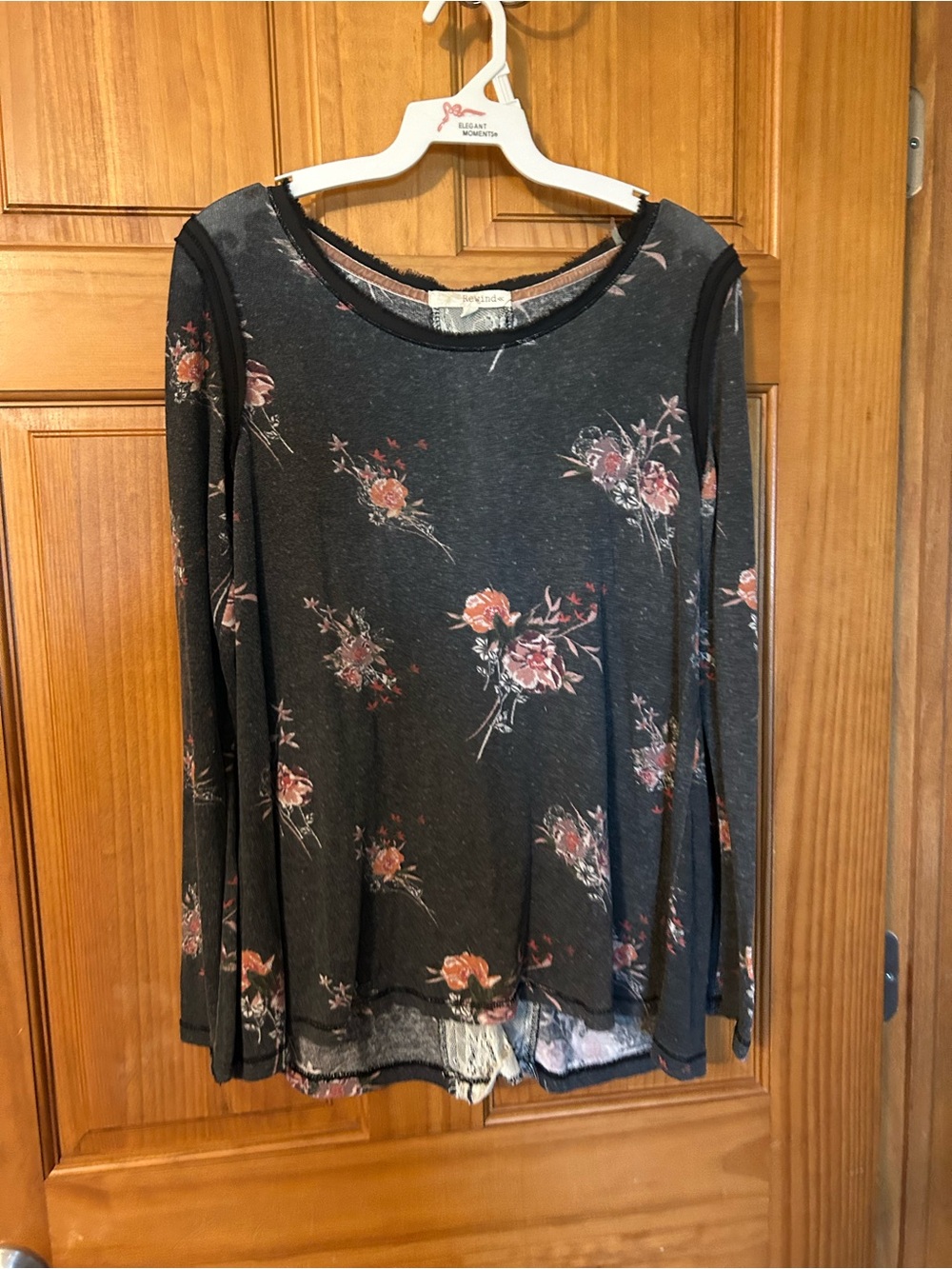 Rewind Black Long-Sleeve Floral Tee with Pink Roses